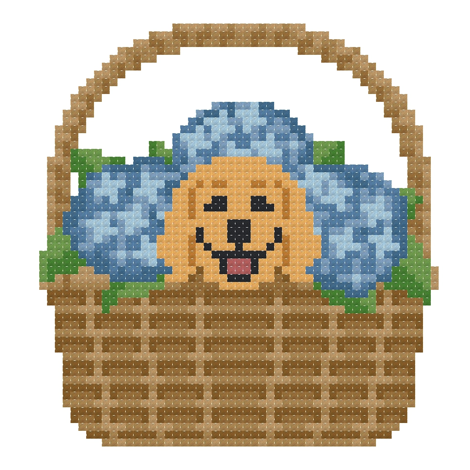 DIY Needlepoint Dog In Basket With Flowers | Digital Chart for Painting Your Own Canvas | Easy Needlepoint PDF | Instant Download | 18 Mesh