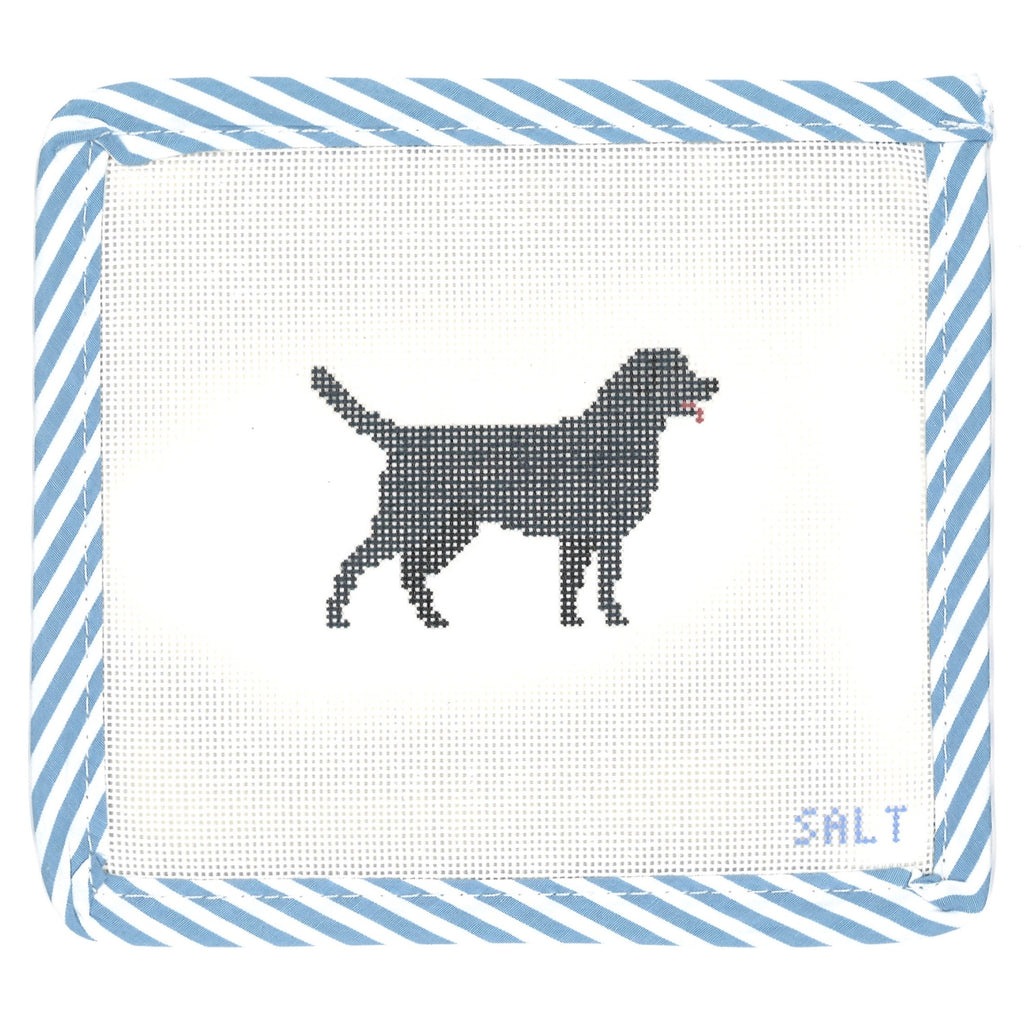 Black Lab dog needlepoint canvas with blue striped edge trim