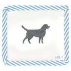 Black Lab dog needlepoint canvas with blue striped edge trim