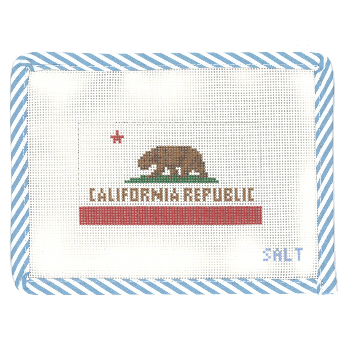 California Republic state flag needlepoint canvas with blue striped edge trim