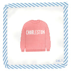 "Charleston" red sweatshirt needlepoint canvas with blue striped edge trim