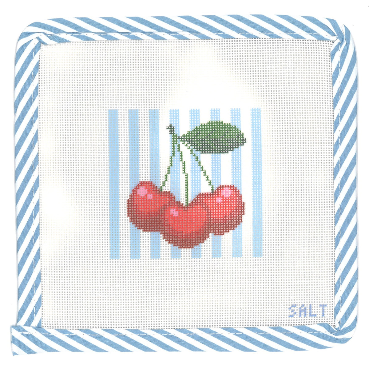 Cherries on blue and white stripes needlepoint canvas with blue striped edge trim
