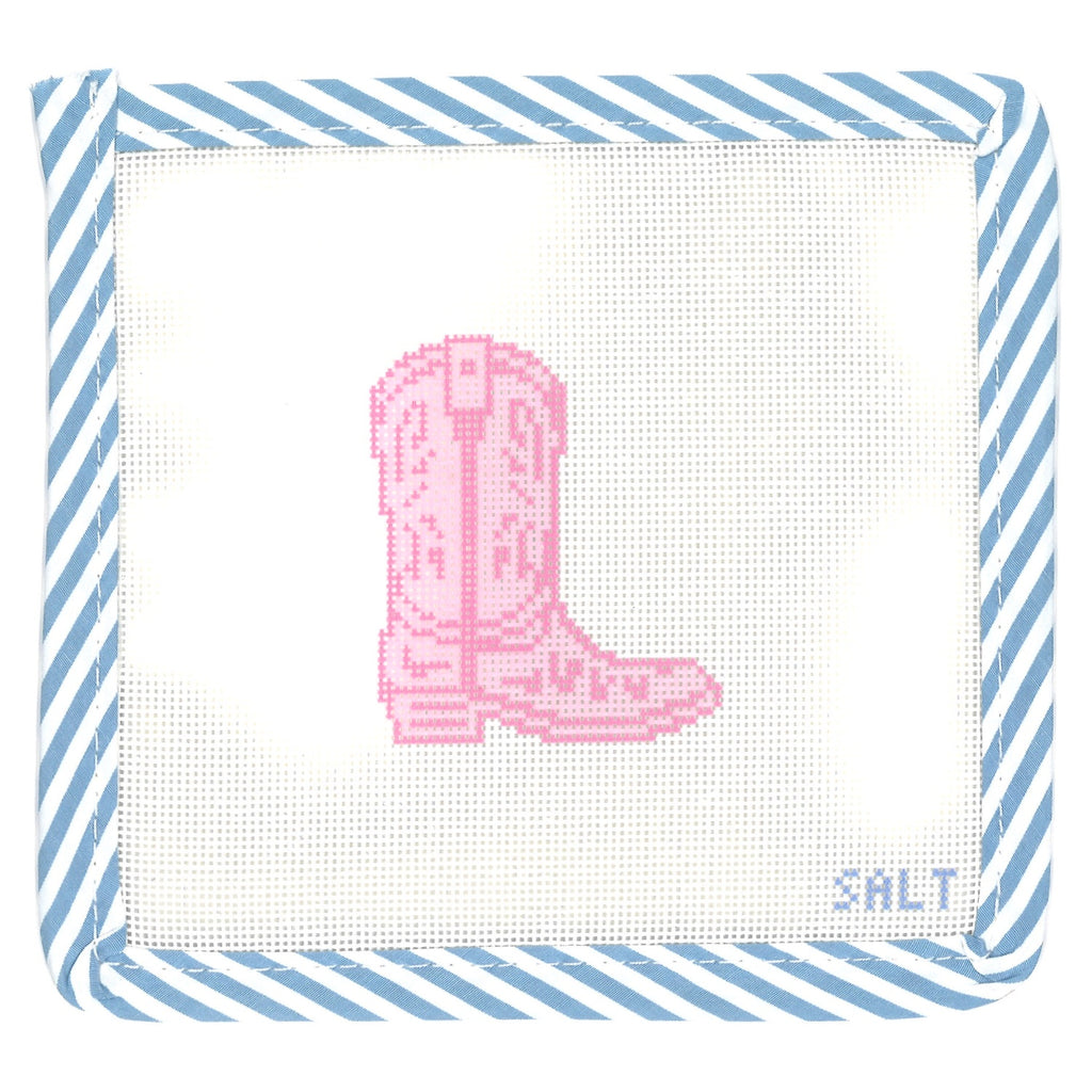 Pink cowgirl boot needlepoint canvas with blue striped edge trim