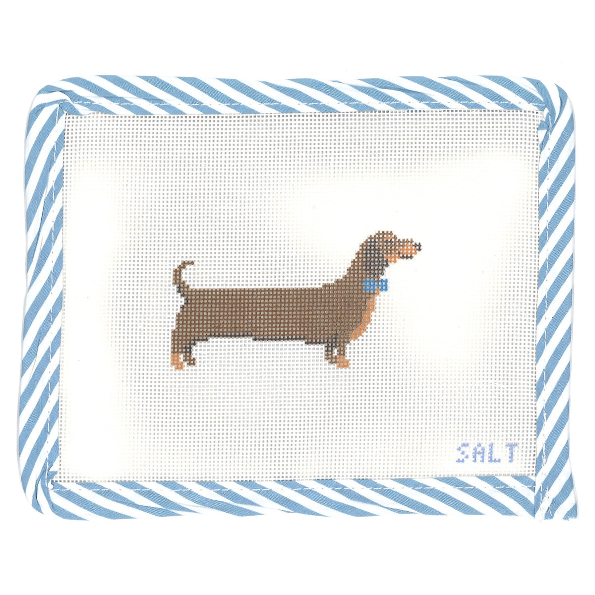 Dachshund dog needlepoint canvas with blue bow tie collar and blue striped edge trim