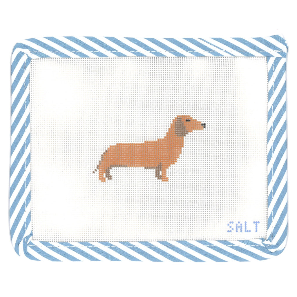 Brown dachshund dog needlepoint canvas with blue striped edge trim