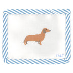 Brown dachshund dog needlepoint canvas with blue striped edge trim