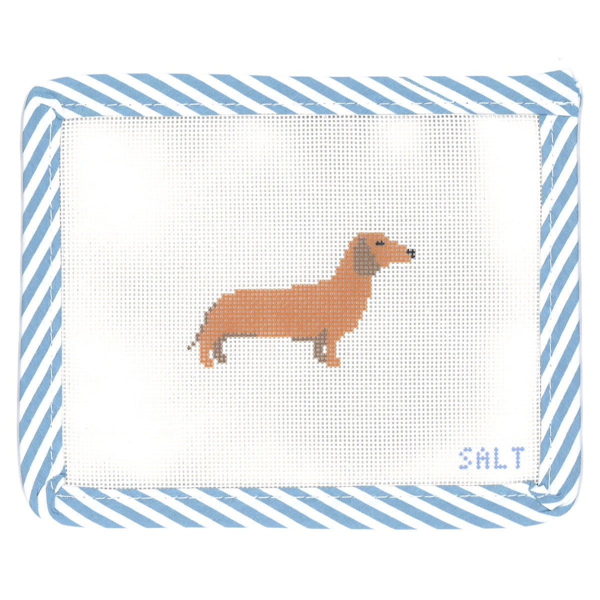 Brown dachshund dog needlepoint canvas with blue striped edge trim