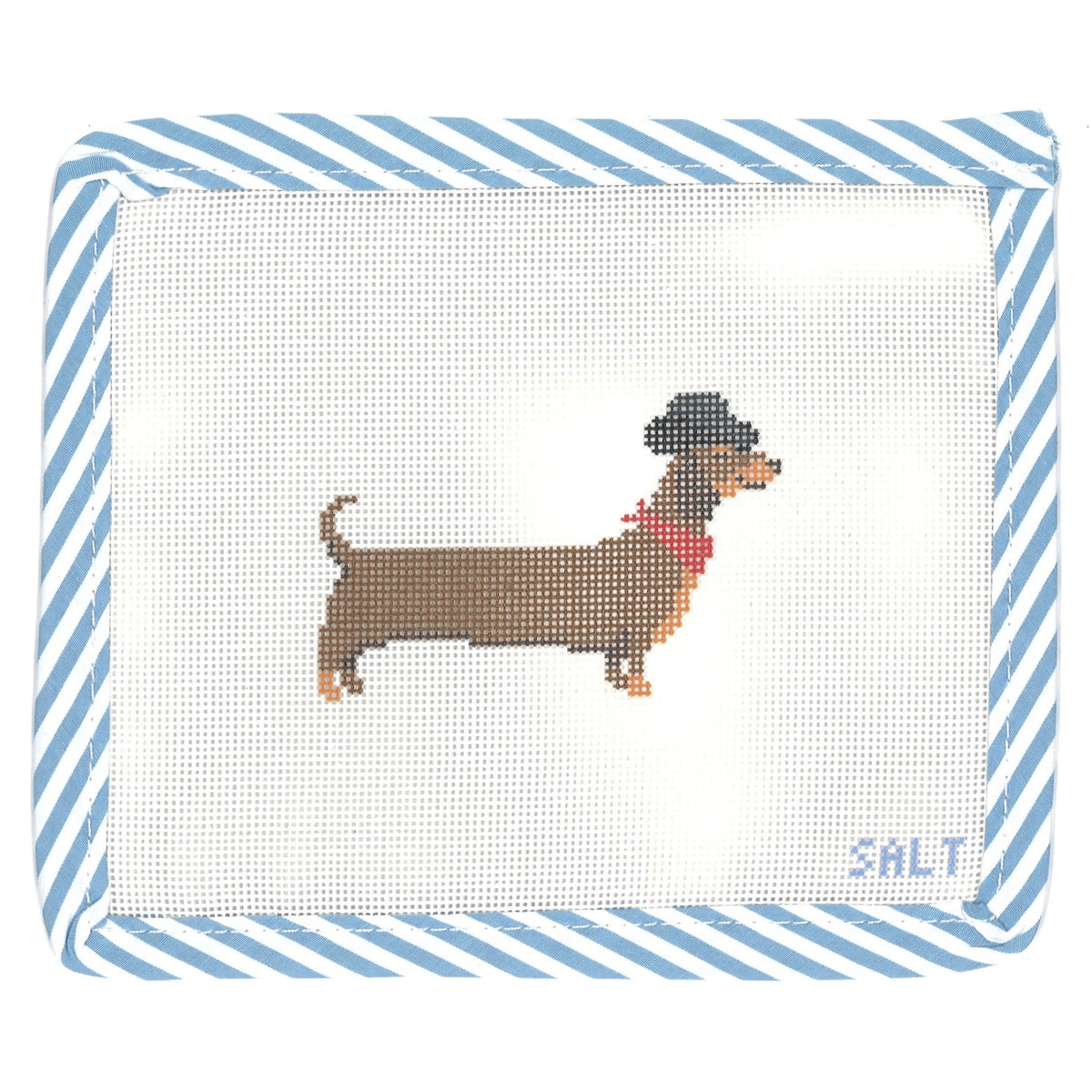 Dachshund dog needlepoint canvas wearing a cowboy hat and red bandana with blue striped edge trim