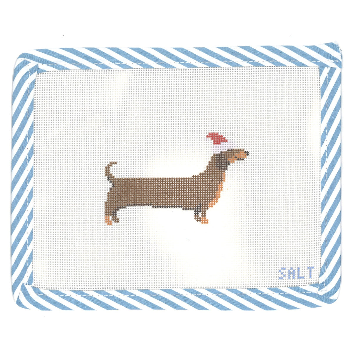 Dachshund dog needlepoint canvas wearing a red Santa hat with blue striped edge trim