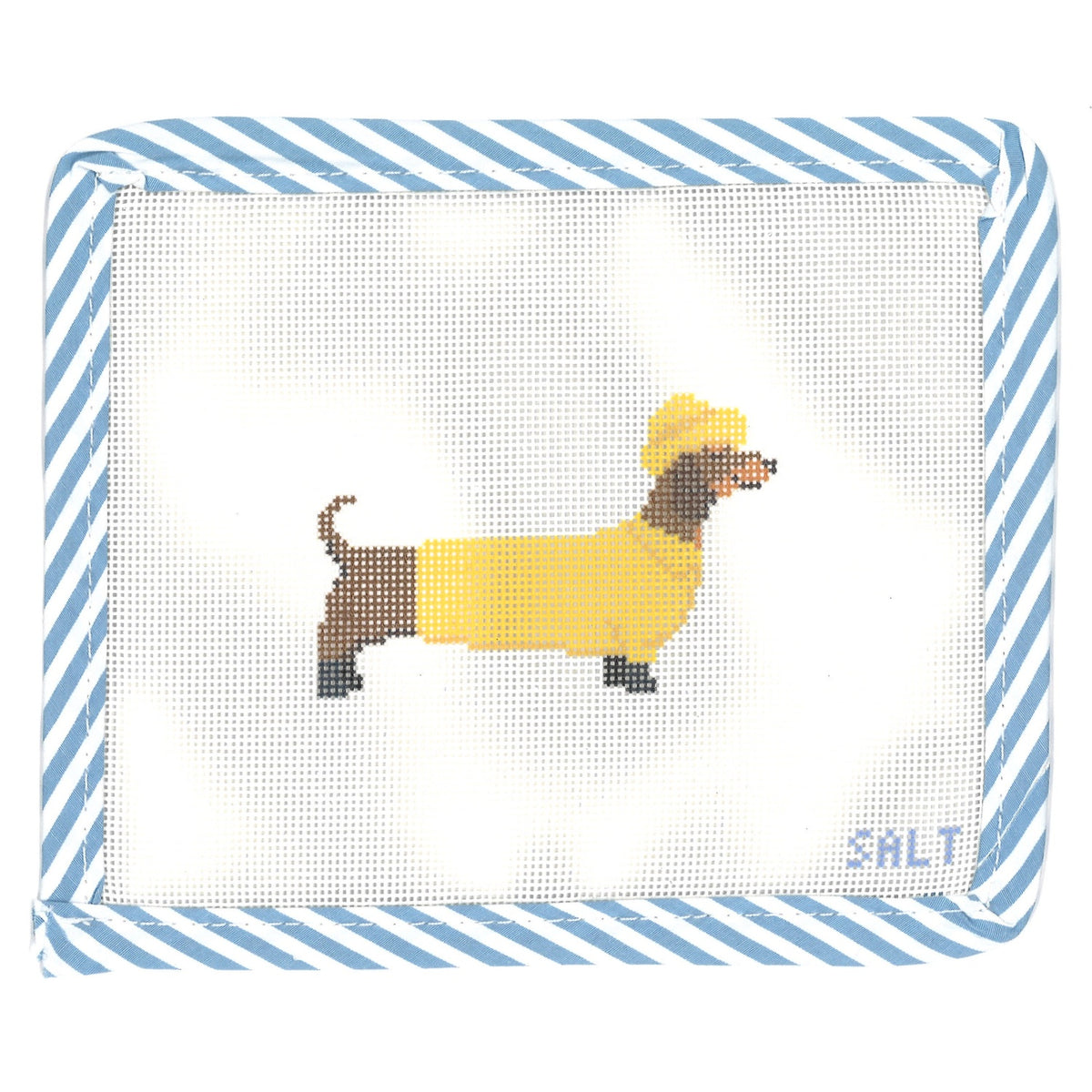 Dachshund dog needlepoint canvas wearing a yellow raincoat with blue striped edge trim