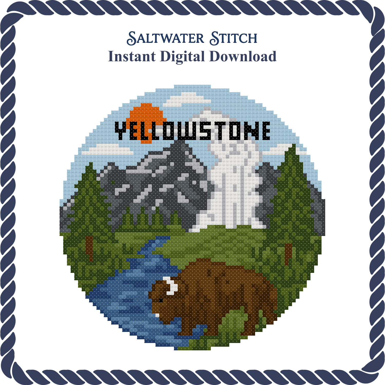 DIY Needlepoint US National Park Yellowstone Ornament | Digital Chart for Painting Your Own Canvas | Easy Needlepoint PDF | Instant Download | 18 Mesh