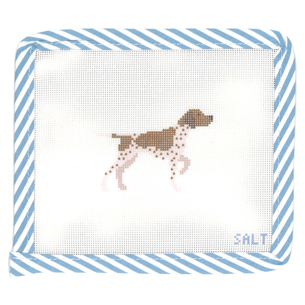 German Shorthaired Pointer dog needlepoint canvas with blue striped edge trim
