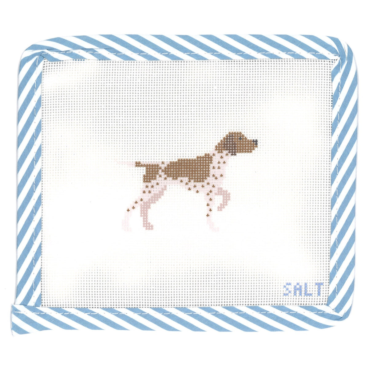 German Shorthaired Pointer dog needlepoint canvas with blue striped edge trim