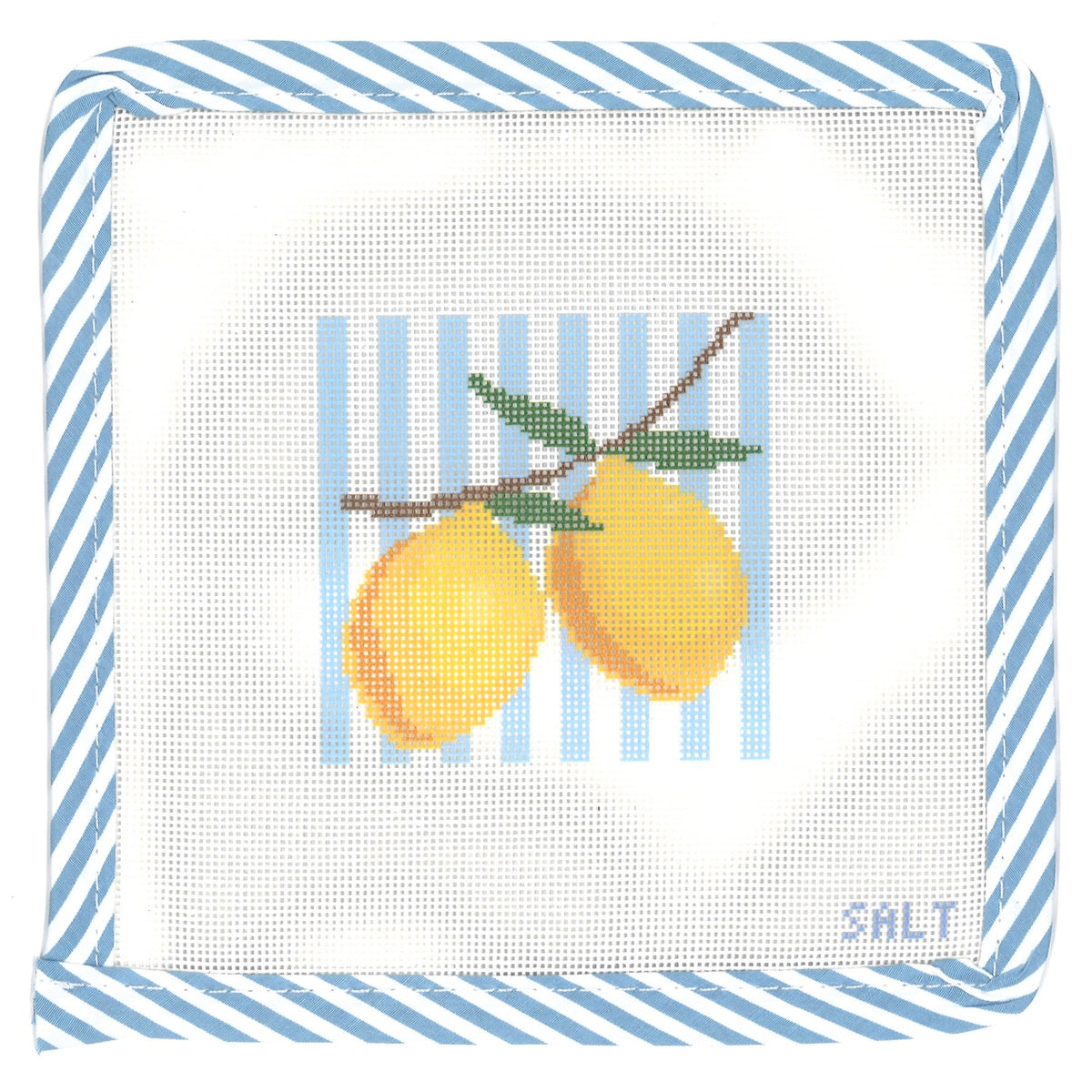 Lemons on blue and white stripes needlepoint canvas with blue striped edge trim