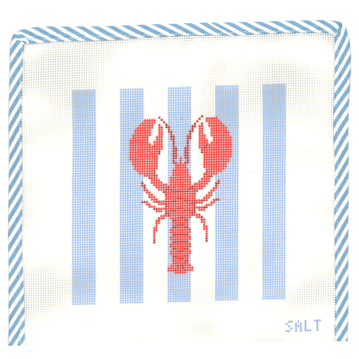 Lobster on blue and white stripes needlepoint canvas