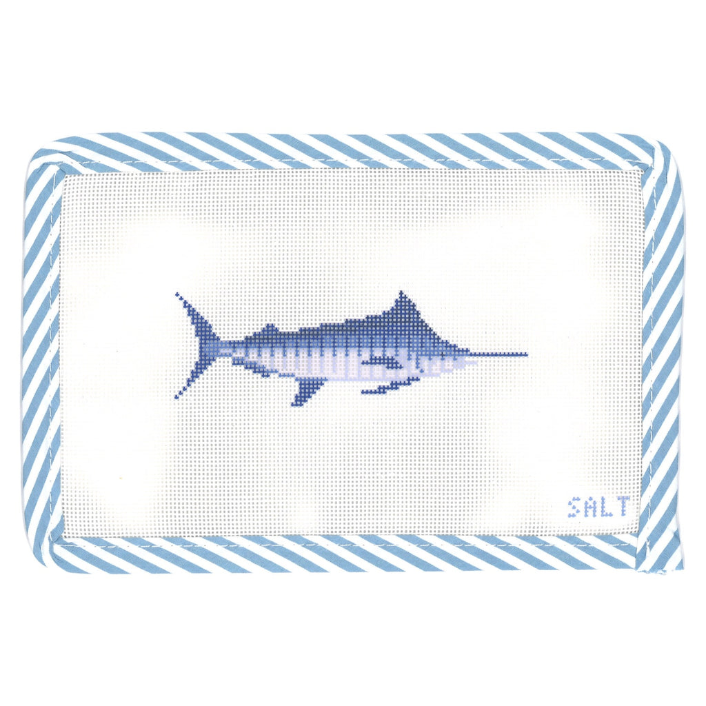 Marlin fish needlepoint canvas with blue striped edge trim