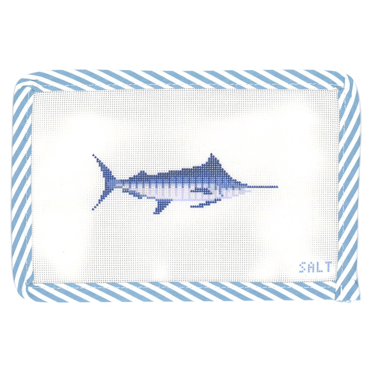 Marlin fish needlepoint canvas with blue striped edge trim