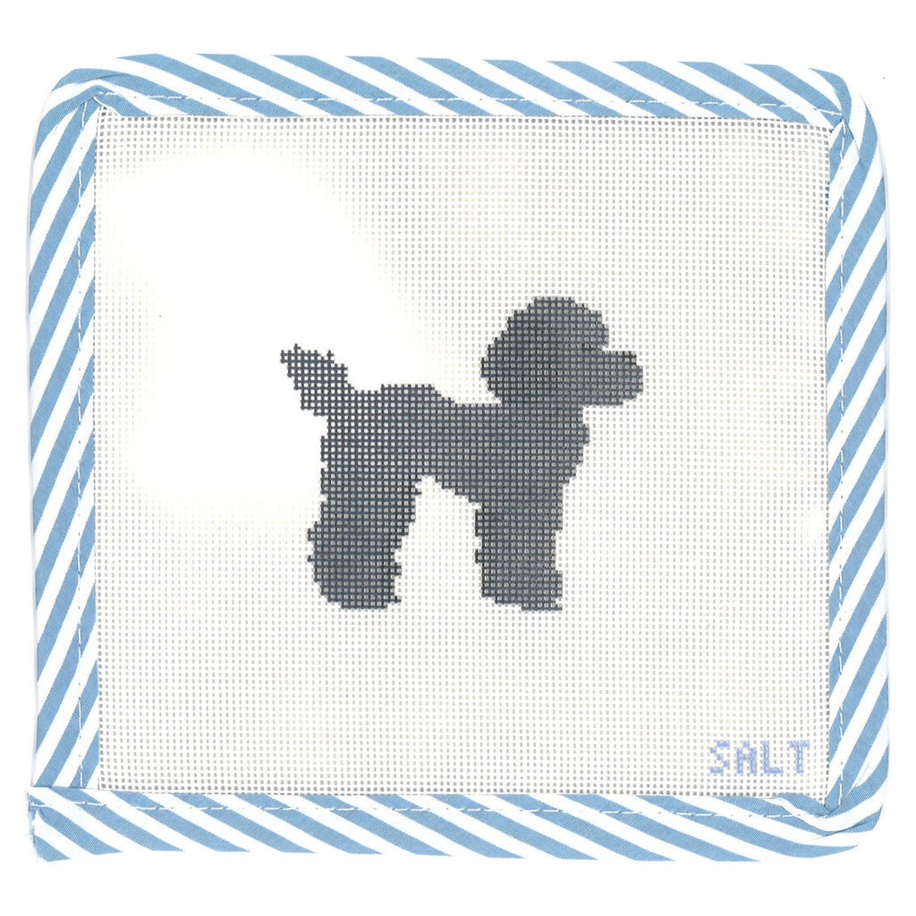 Black poodle dog needlepoint canvas with blue striped edge trim
