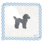 Black poodle dog needlepoint canvas with blue striped edge trim