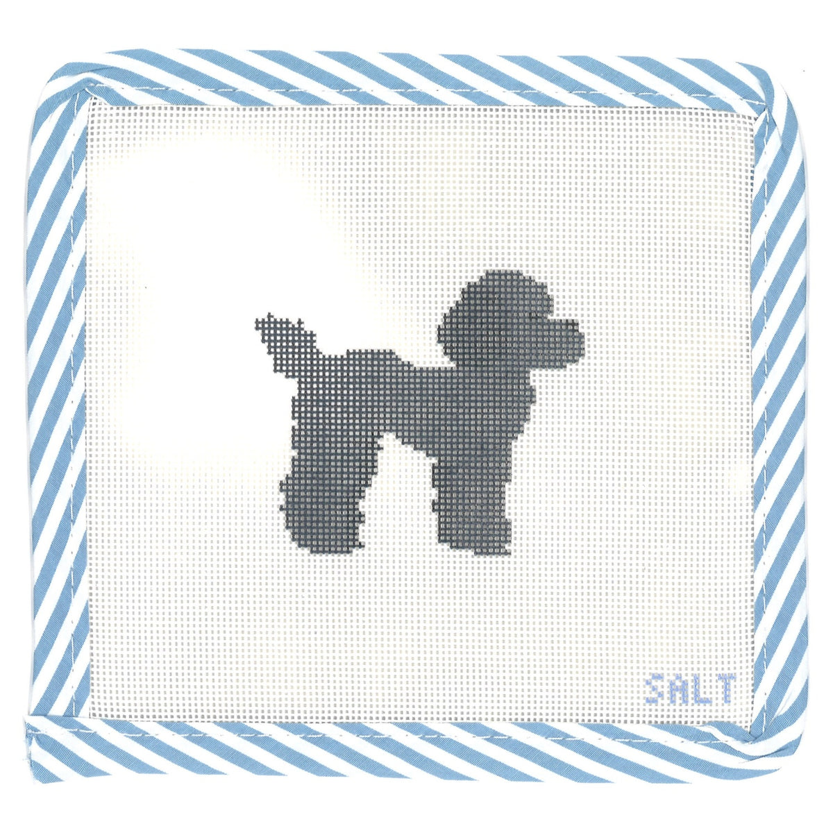 Black poodle dog needlepoint canvas with blue striped edge trim