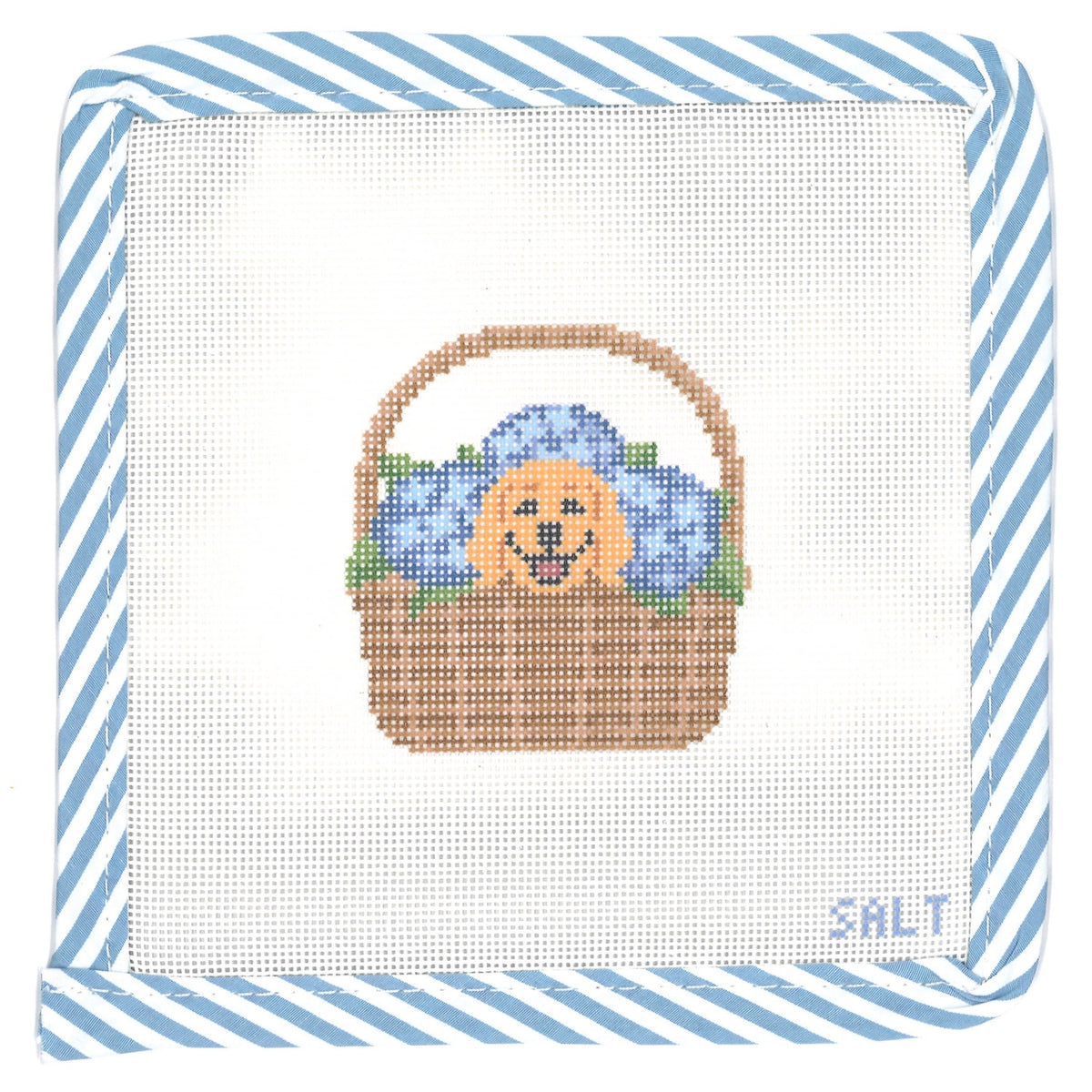 Golden retriever puppy in a basket with hydrangeas needlepoint canvas with blue striped edge trim