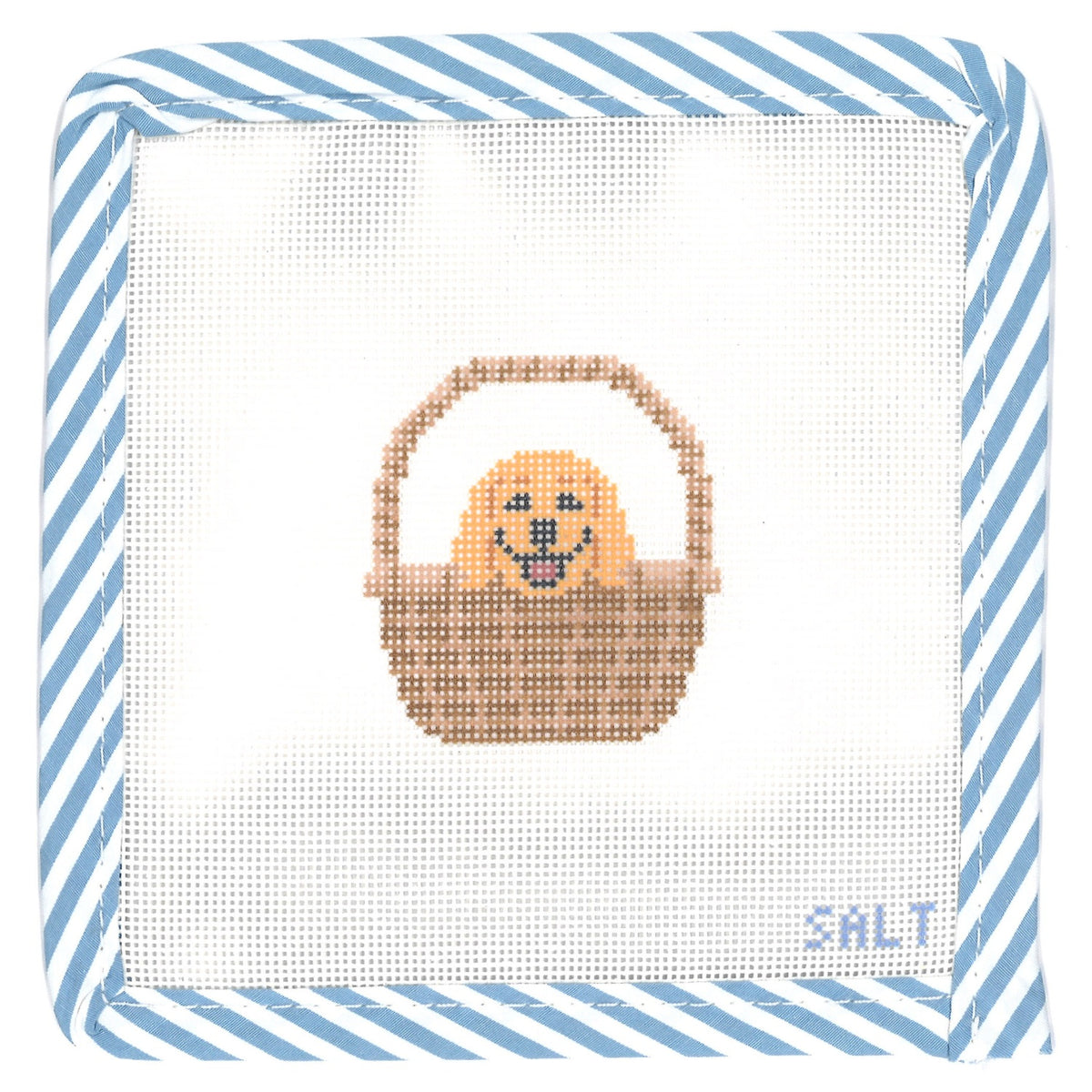 Golden retriever puppy in a basket needlepoint canvas with blue striped edge trim
