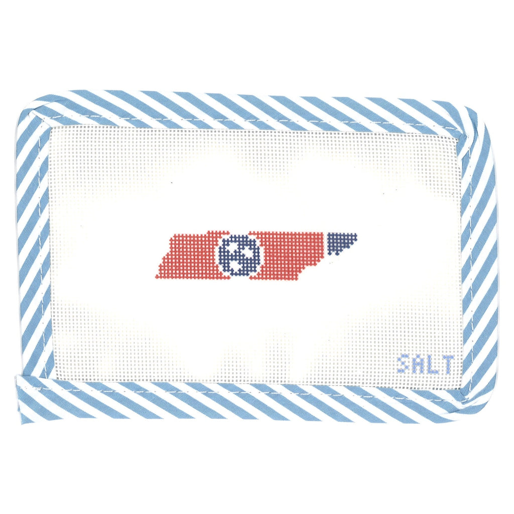 Tennessee state outline needlepoint canvas with blue striped edge trim