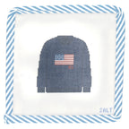 Navy sweater with American flag and 'FL' lettering needlepoint canvas with blue striped edge trim