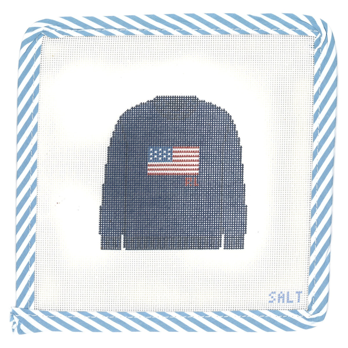 Navy sweater with American flag and 'FL' lettering needlepoint canvas with blue striped edge trim