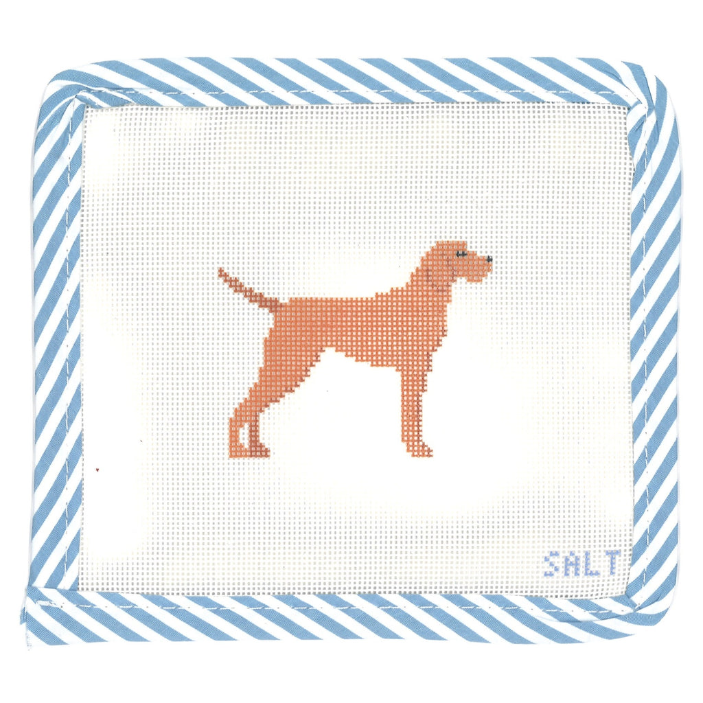 Vizsla dog needlepoint canvas with blue striped edge trim